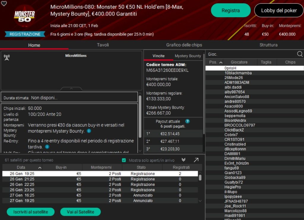 PokerStars Network MicroMillions: Sunday, February 1st the Monster 50 for 400k GTD. Here's the card