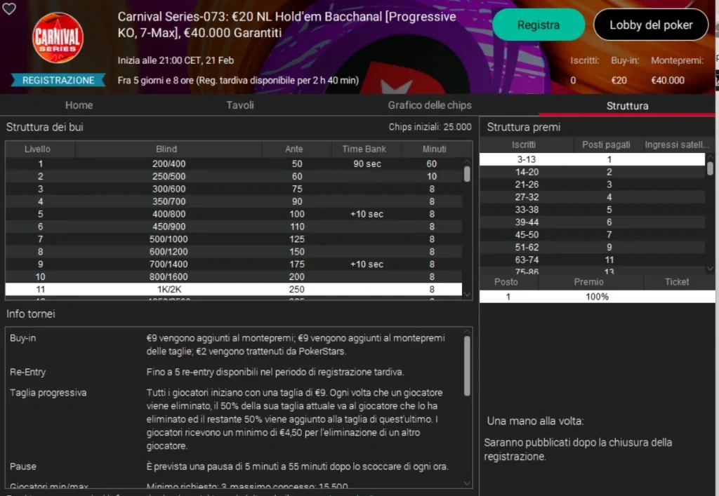 PokerStars Network: Saturday the NL Bacchanal is played for the Carnival Series, here is the structure!
